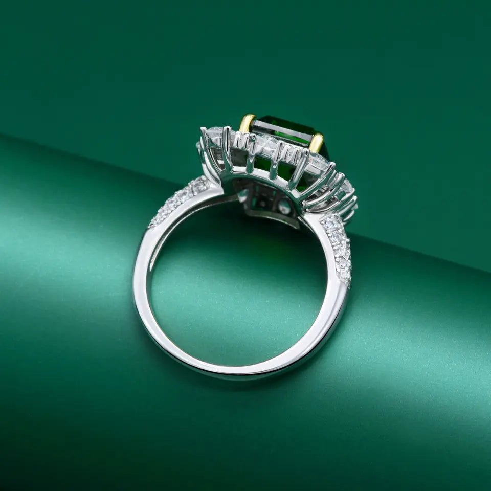 5 Carat Emerald Cut Emerald Green Cubic Zirconia Designer Halo Statement Ring in Platinum Plated Sterling Silver - Boutique Pavè
