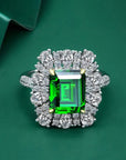 5 Carat Emerald Cut Emerald Green Cubic Zirconia Designer Halo Statement Ring in Platinum Plated Sterling Silver - Boutique Pavè