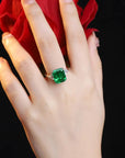 5 Carat Emerald Cut Lab Created Emerald Accent Solitaire Three Stone Engagement Ring in 18 Karat Gold - Boutique Pavè