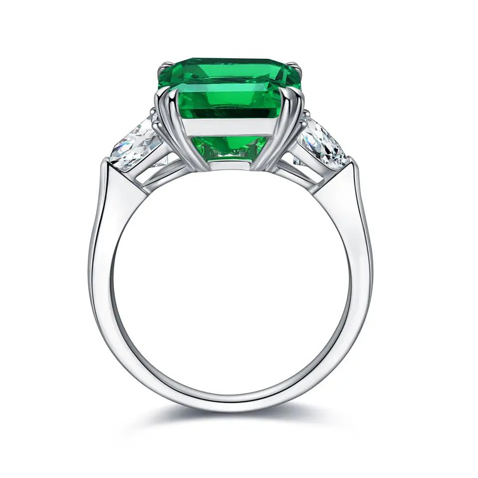 5 Carat Emerald Cut Lab Created Emerald Accent Solitaire Three Stone Engagement Ring in 18 Karat Gold - Boutique Pavè