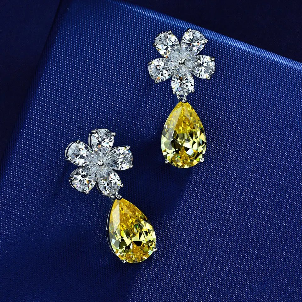 5 Carat Pear Cut Canary Cubic Zirconia Flower Drop Earrings in Platinum-Plated Sterling Silver - Boutique Pavè