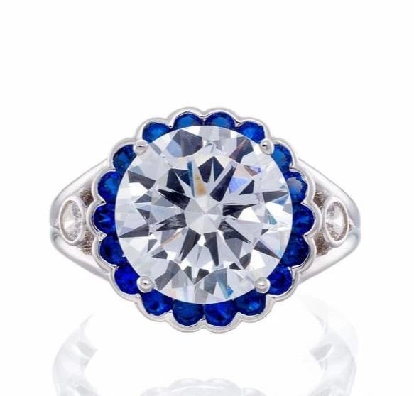 5 Carat Round Cut and Sapphire Blue Cubic Zirconia Halo Engagement Ring in White Gold Plated Sterling Silver - Boutique Pavè