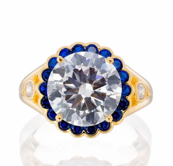 5 Carat Round Cut and Sapphire Blue Cubic Zirconia Halo Engagement Ring - Yellow Gold Plated Sterling Silver - Boutique Pavè