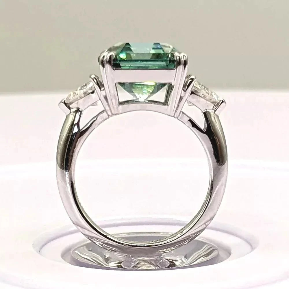 6 Carat Asscher Cut Genuine Green Moissanite Engagement Ring - 18 Karat White Gold - Boutique Pavè