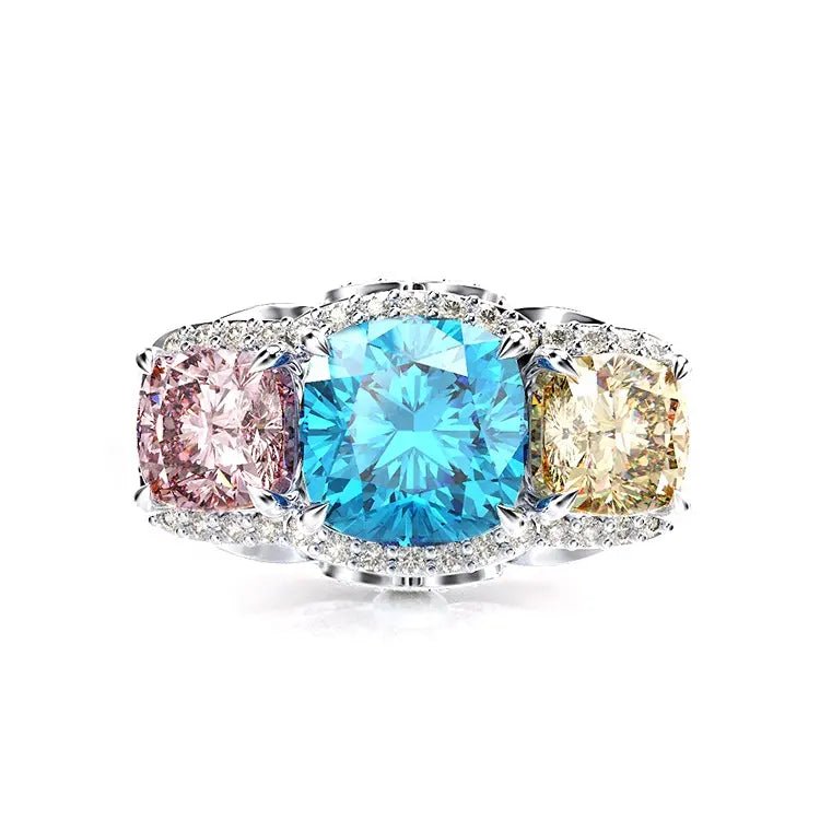 6 Carat Cushion Cut Three Colorful Cubic Zirconia Statement Ring in Platinum Plated Sterling Silver - Boutique Pavè