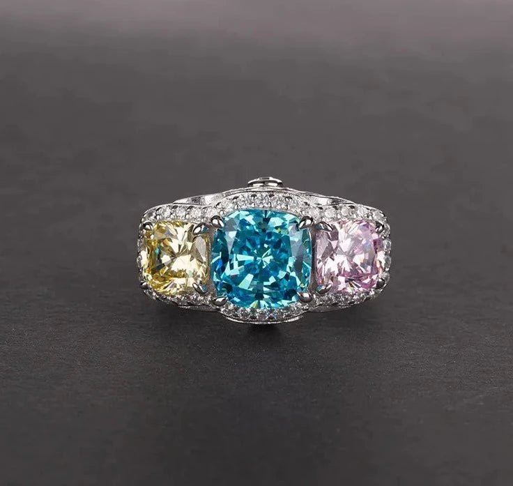 6 Carat Cushion Cut Three Colorful Cubic Zirconia Statement Ring in Platinum Plated Sterling Silver - Boutique Pavè