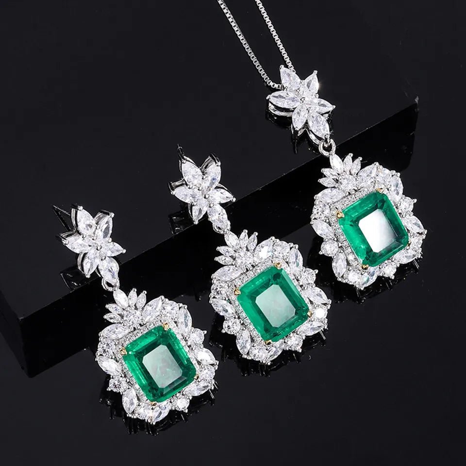 6 Carat Emerald Cut Imitation Emerald and Cubic Zirconia Celebrity Inspired Necklace and Earring Set in Platinum Plated Sterling Silver - Boutique Pavè