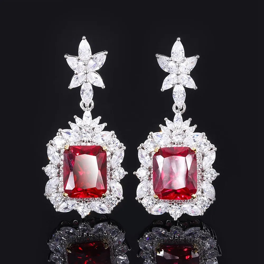 6 Carat Emerald Cut Imitation Ruby and Cubic Zirconia Celebrity Inspired Necklace and Earring Set in Platinum Plated Sterling Silver - Boutique Pavè