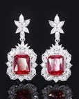6 Carat Emerald Cut Imitation Ruby and Cubic Zirconia Celebrity Inspired Necklace and Earring Set in Platinum Plated Sterling Silver - Boutique Pavè