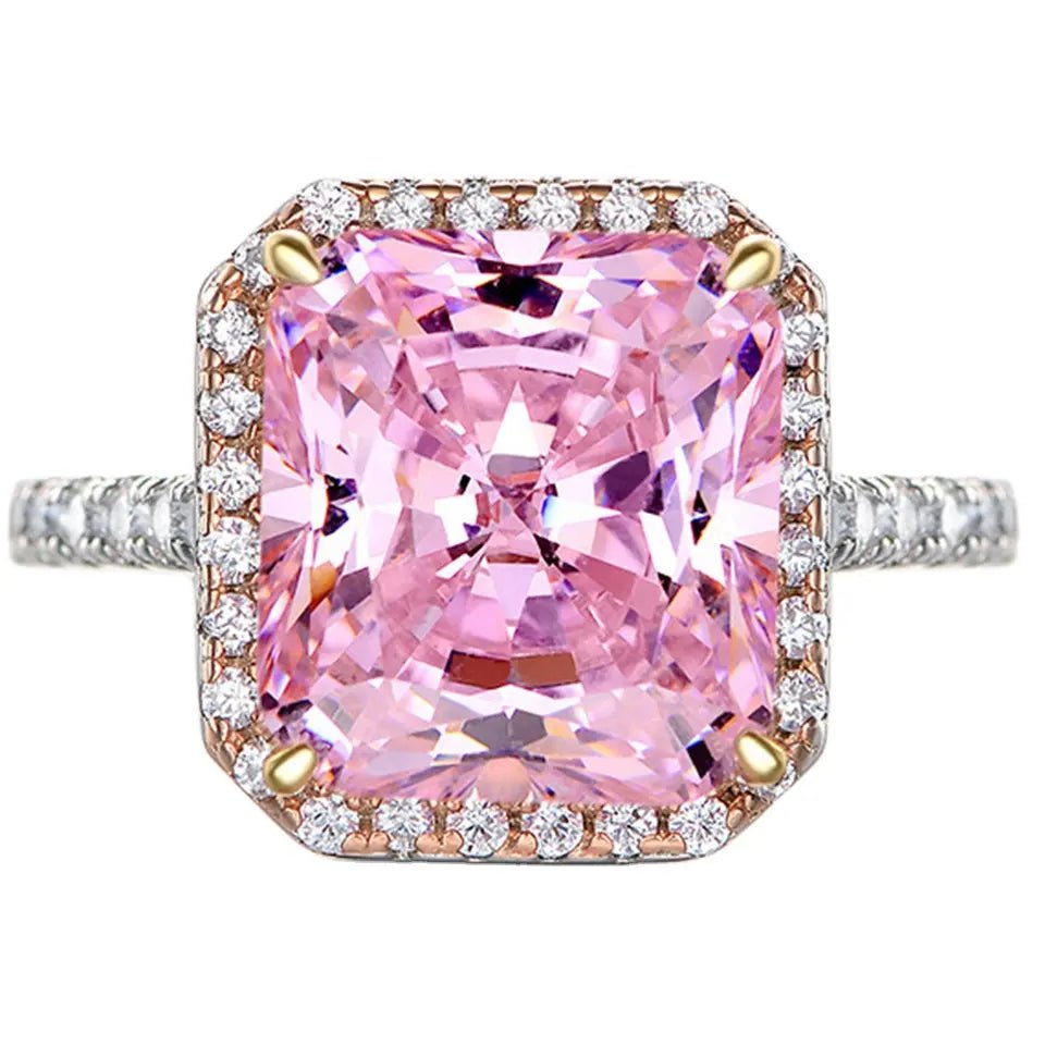 6.5 Carat Radiant Cut Fancy Pink Cubic Zirconia Halo Engagement Ring in Platinum Plated Sterling Silver - Boutique Pavè