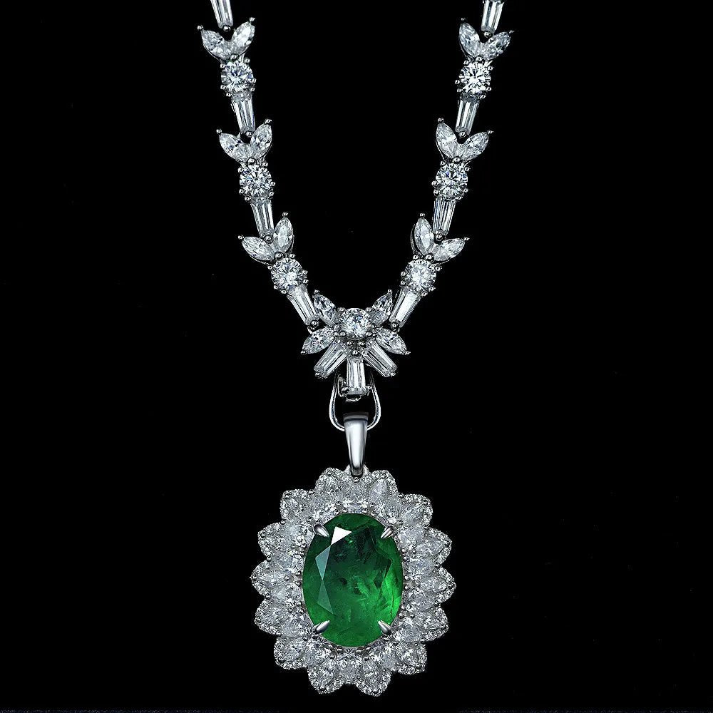 7.5 Carat Oval Cut Imitation Emerald and Cubic Zirconia Royal Inspired Necklace in Platinum-Plated Sterling Silver - Boutique Pavè