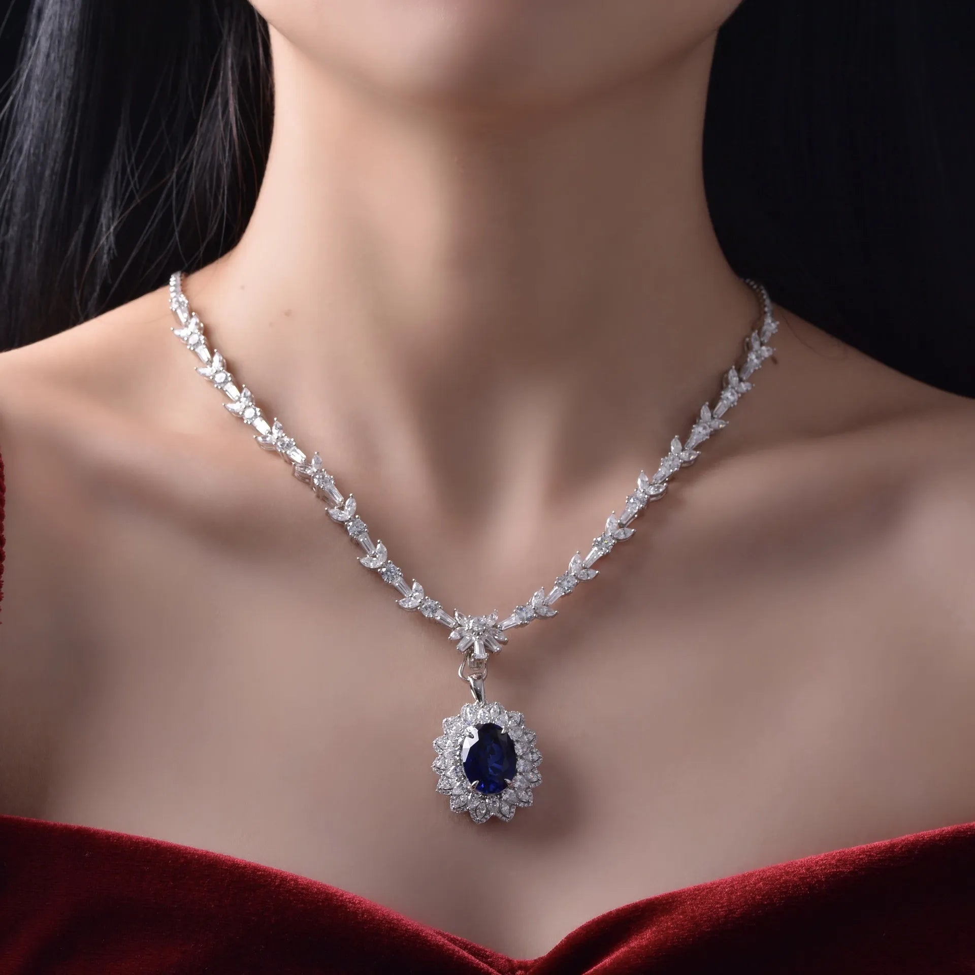 7.5 Carat Oval Cut Imitation Sapphire and Cubic Zirconia Royalty Inspired Necklace in Platinum-Plated Sterling Silver - Boutique Pavè