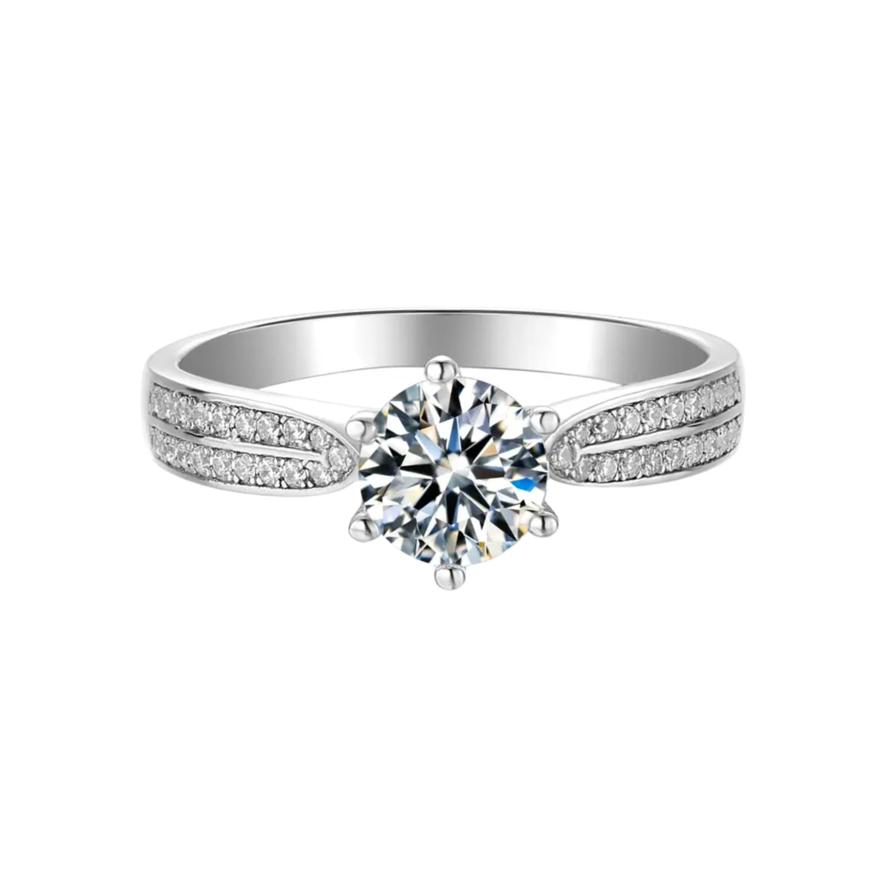 One Carat Brilliant Round Cut Moissanite Double Pave Solitaire Engagement Ring in Platinum Plated Sterling Silver - Boutique Pavè