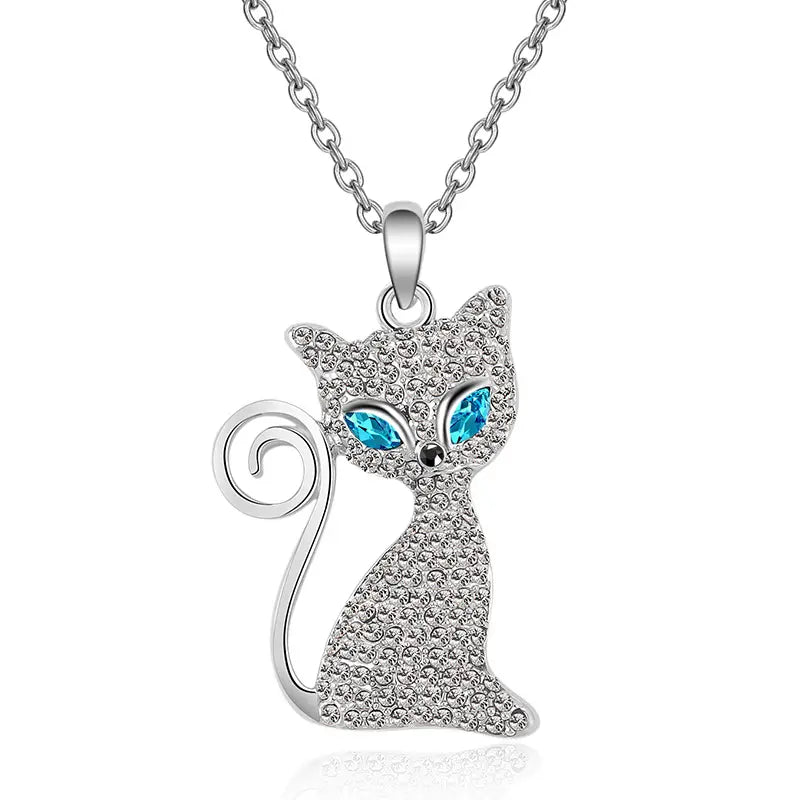 Adorable Colorful Eyes Crystal Cat Pendant with 18 Inch Silver Plated Cable Chain - Boutique Pavè