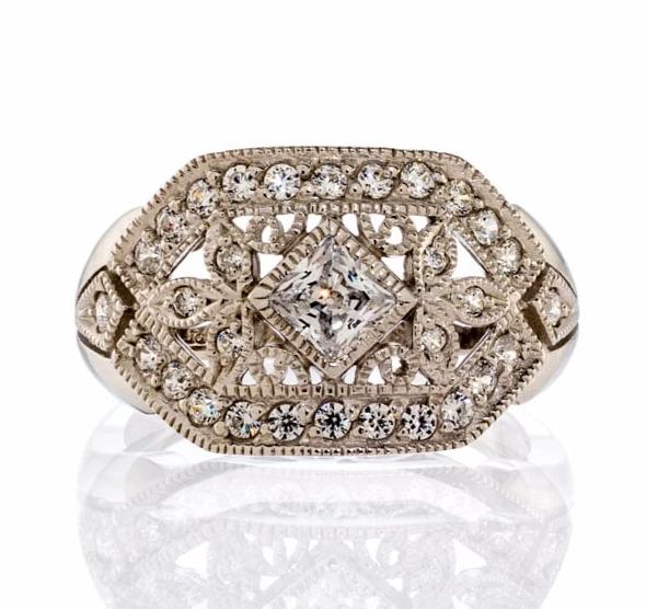 Antique Inspired Cubic Zirconia Engagement Ring In Sterling Silver - Boutique Pavè