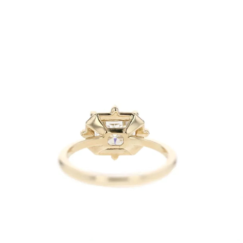 Antique Inspired Two Carat Radiant Cut Moissanite Tension Set Engagement Ring in 14 Karat Yellow Gold - Boutique Pavè