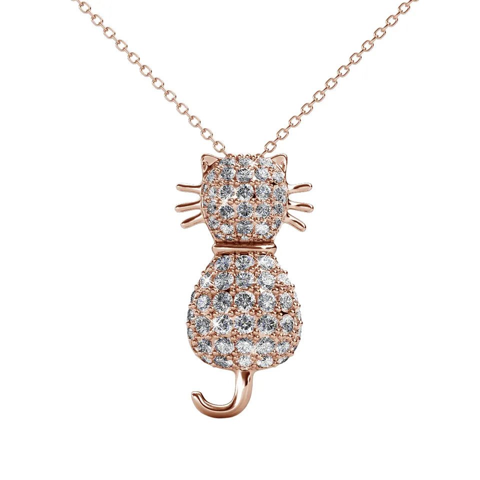 Austrian Crystal Embellished Cat Pendant in Rose or White 18 Karat Gold Plated Sterling Silver - Boutique Pavè