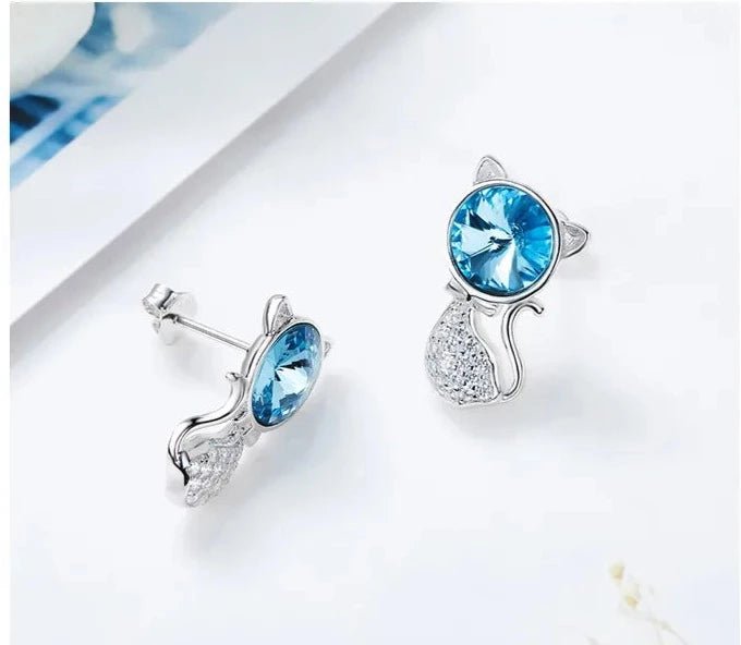Blue Austrian Crystal Cute Cat Stud Earrings in White Gold Plated Sterling Silver - Boutique Pavè
