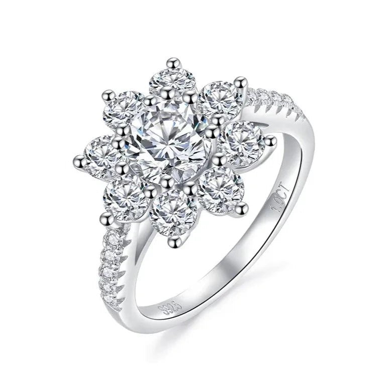 Brilliant Round Cut Moissanite Sunflower Halo Engagement Ring in Platinum Plated Sterling Silver - Boutique Pavè