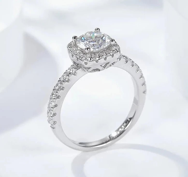 Brilliant Round Moissanite Pave Halo Engagement Ring in White Gold Plated Sterling Silver - Boutique Pavè