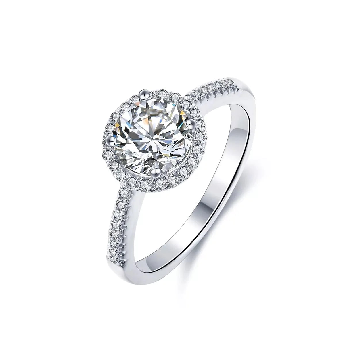 Classic One Carat Moissanite Halo Engagement Ring in White Gold Plated Sterling Silver - Boutique Pavè