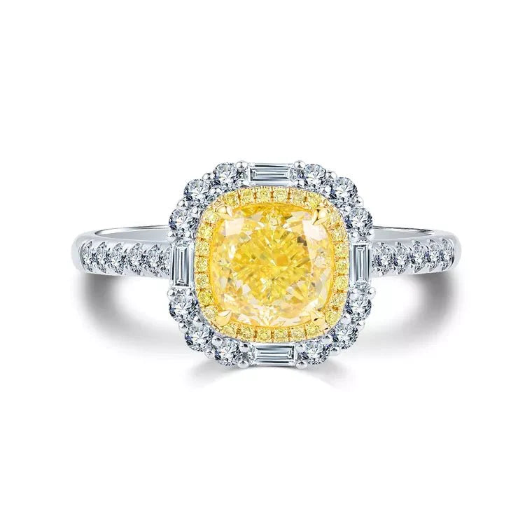 Cushion Cut Canary Yellow Moissanite Halo Engagement Ring in 14 Karat White Gold - Boutique Pavè