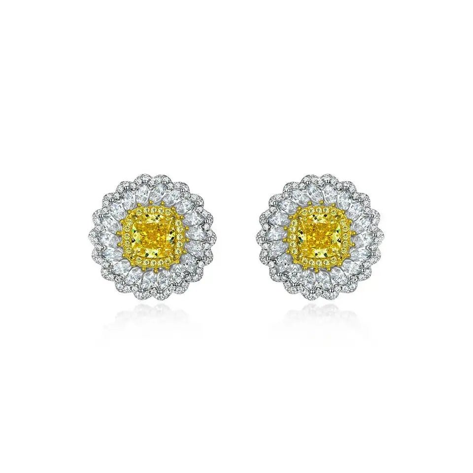 Cushion Cut Fancy Canary Cubic Zirconia Triple Halo Earrings in Platinum-Plated Sterling Silver - Boutique Pavè