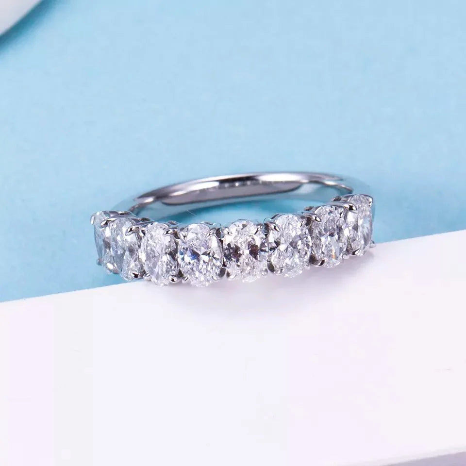 Eight Stone Oval Cut Lab Created Diamond Anniversary Ring in 18 Karat White Gold - Boutique Pavè