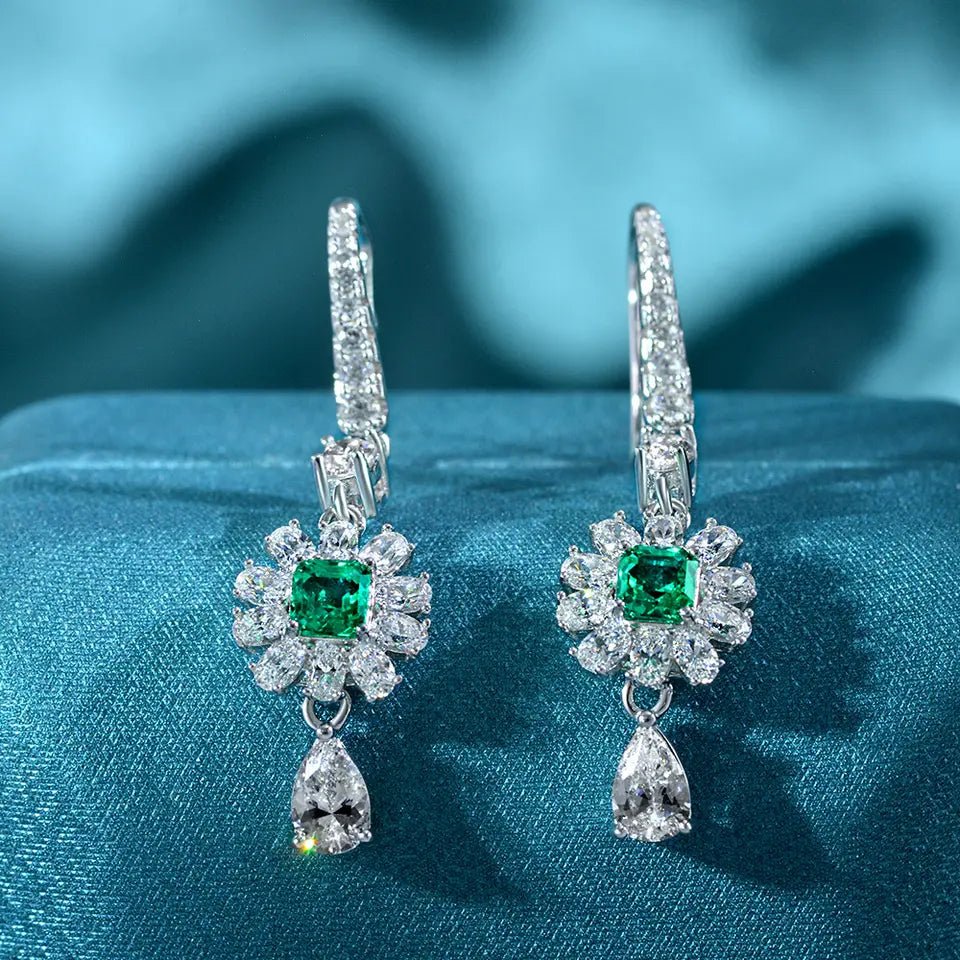 Elegant Asscher Cut Imitation Emerald and Cubic Zirconia Statement Drop Earrings in Platinum-Plated Sterling Silver - Boutique Pavè