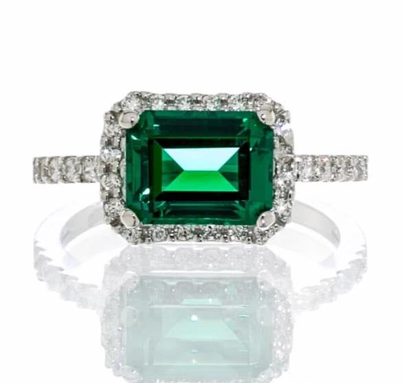 Emerald Cubic Zirconia Halo Engagement Ring In Sterling Silver - Boutique Pavè