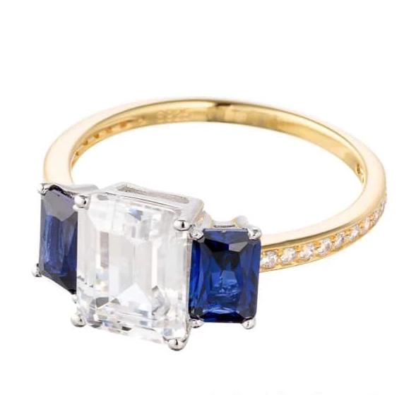 Emerald Cut Imitation Sapphire Three Stone Cubic Zirconia Engagement Ring In Sterling Silver - Boutique Pavè