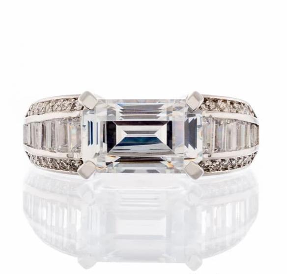 Fancy Emerald Cut Cubic Zirconia Engagement Ring In Sterling Silver - Boutique Pavè