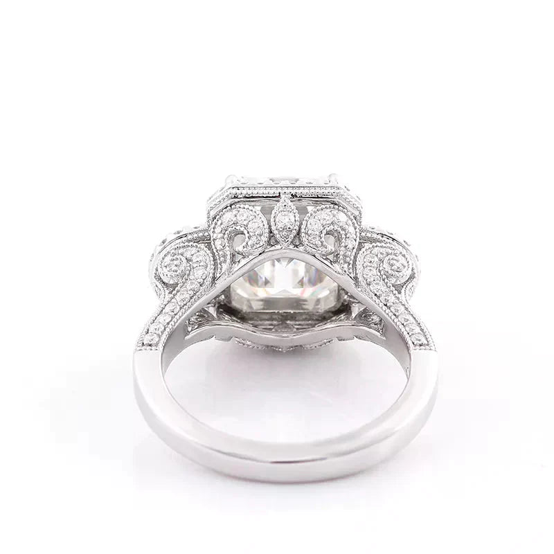 Fancy Vintage Inspired Five Carat Emerald Cut Moissanite Engagement Ring in 14 Karat White Gold - Boutique Pavè