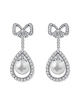 Faux Pearl and Bow Tie Cubic Zirconia Bridal Earrings in Platinum-Plated Sterling Silver - Boutique Pavè