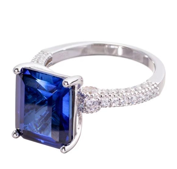 Faux Sapphire Emerald Cut Cubic Zirconia Engagement Ring In Sterling Silver - Boutique Pavè