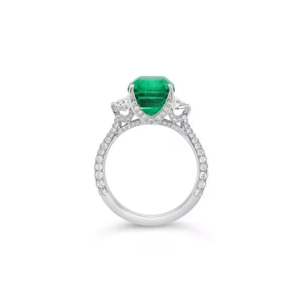 Five Carat Emerald Cut Lab Created Emerald Moissanite Accent Engagement Ring in 14 Karat White Gold - Boutique Pavè