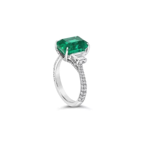 Five Carat Emerald Cut Lab Created Emerald Moissanite Accent Engagement Ring in 14 Karat White Gold - Boutique Pavè