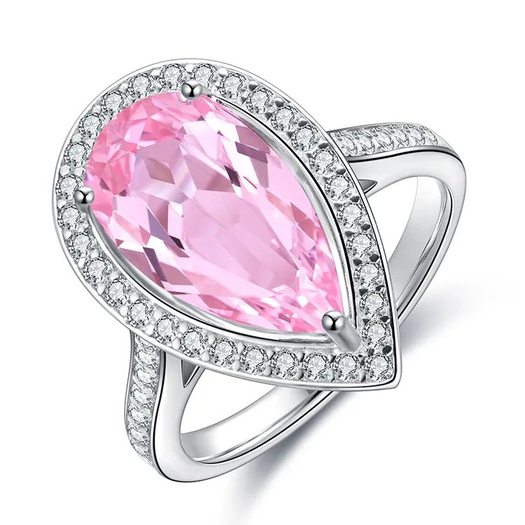 Five Carat Pear Cut Lab Created Morganite Statement Ring in Gold Plated Sterling Silver - Boutique Pavè
