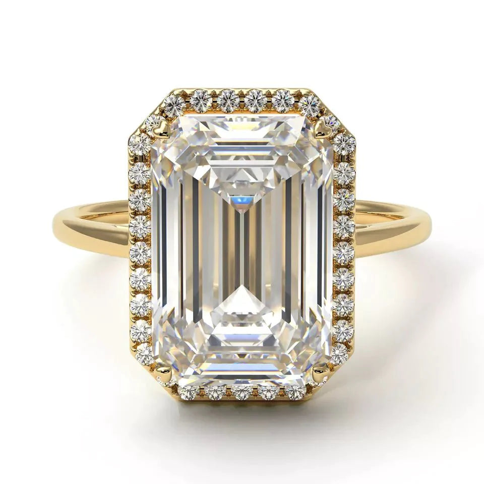 Four Carat Emerald Cut Moissanite Halo Engagement Ring in 14 Karat Yellow Gold - Boutique Pavè