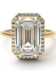 Four Carat Emerald Cut Moissanite Halo Engagement Ring in 14 Karat Yellow Gold - Boutique Pavè
