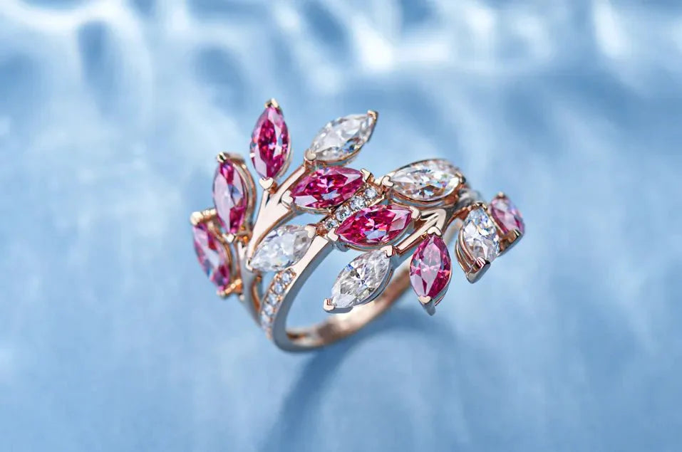 Four Carat Marquis Cut Fancy Pink and White Moissanite Wrapping Leaves Ring in 18 Karat Rose Gold - Boutique Pavè