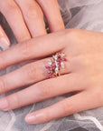 Four Carat Marquis Cut Fancy Pink and White Moissanite Wrapping Leaves Ring in 18 Karat Rose Gold - Boutique Pavè