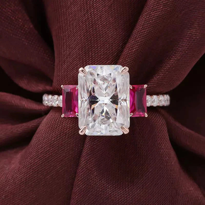 Four Carat Radiant Cut Moissanite and Lab Created Ruby Engagement Ring in 10 Karat Rose Gold - Boutique Pavè