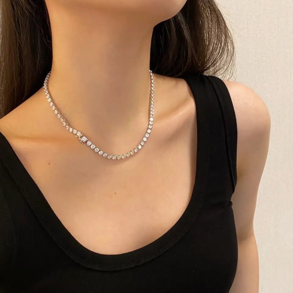 Glamorous Brilliant Round Cut Cubic Zirconia Tennis Necklace in Platinum-Plated Sterling Silver - Boutique Pavè