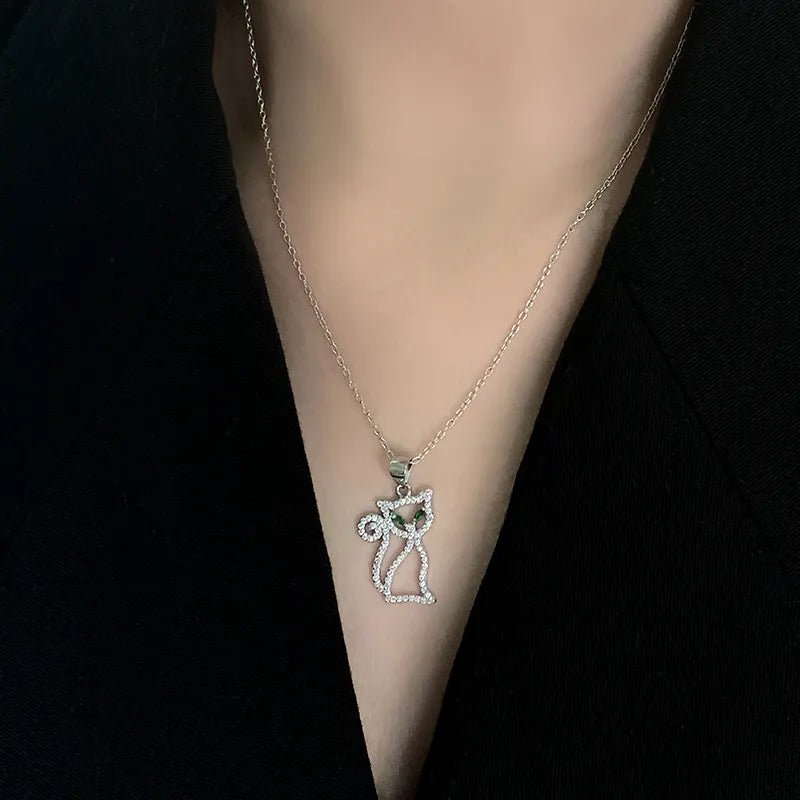 Glamorous Green Eye Cat Cubic Zirconia Pendant with 16 Inch Gold Plated Sterling Silver Cable Chain - Boutique Pavè