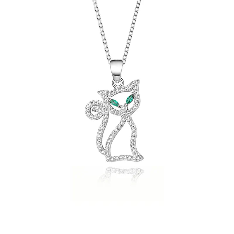 Glamorous Green Eye Cat Cubic Zirconia Pendant with 16 Inch Gold Plated Sterling Silver Cable Chain - Boutique Pavè