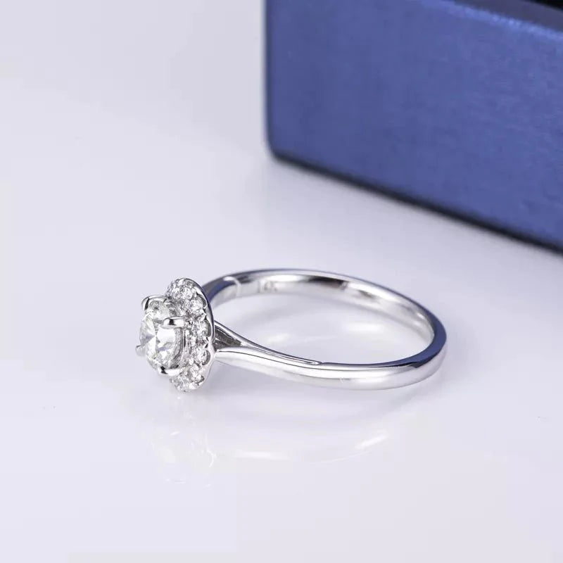 Half Carat Brilliant Round Cut Lab Created Diamond Halo Solitaire Engagement Ring in 14 Karat White Gold - Boutique Pavè