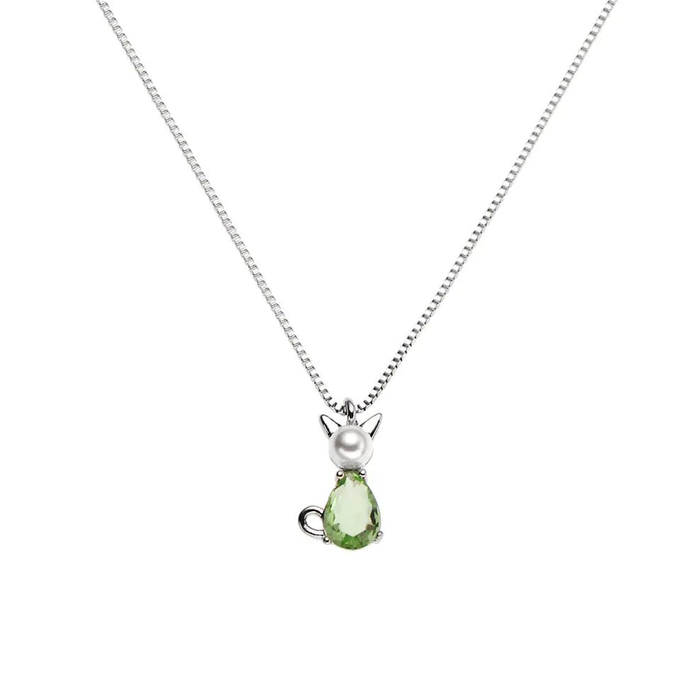 Imitation Pearl and Pink or Green Gemstone Cubic Zirconia Cat Pendant with 18 Inch Box Chain - Boutique Pavè