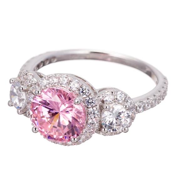 Imitation Pink Diamond Cubic Zirconia Three Stone Halo Engagement Ring In Sterling Silver - Boutique Pavè