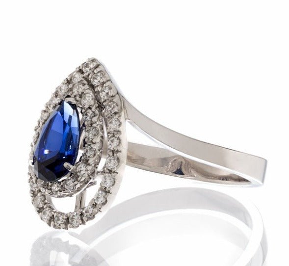 Imitation Sapphire and Cubic Zirconia Pear Cut Double Halo Engagement Ring In Sterling Silver - Boutique Pavè